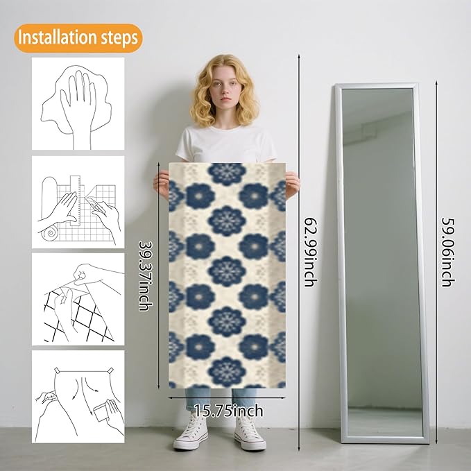 Nuxovilar Navy White Floral Medallion Textured Peel and Stick Wallpaper, 15.75"x39.37", Self-Adhesive Contact Paper, Traditional Tile Pattern for Bedroom, Living Room and Table Decor