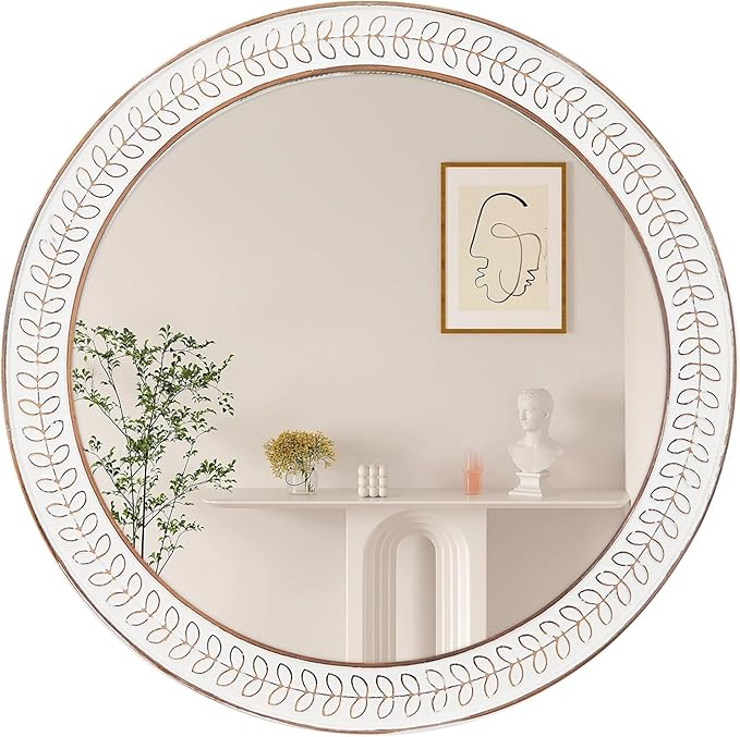 26 inch Round Mirrors for Wall Wood Circle Mirror with Carved Frame Rustic Accent Distressed Decorative for Living Room Bedroom Vanity Entryway Hallway Bathroom - White
