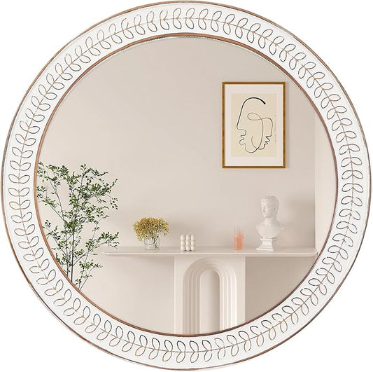 26 inch Round Mirrors for Wall Wood Circle Mirror with Carved Frame Rustic Accent Distressed Decorative for Living Room Bedroom Vanity Entryway Hallway Bathroom - White