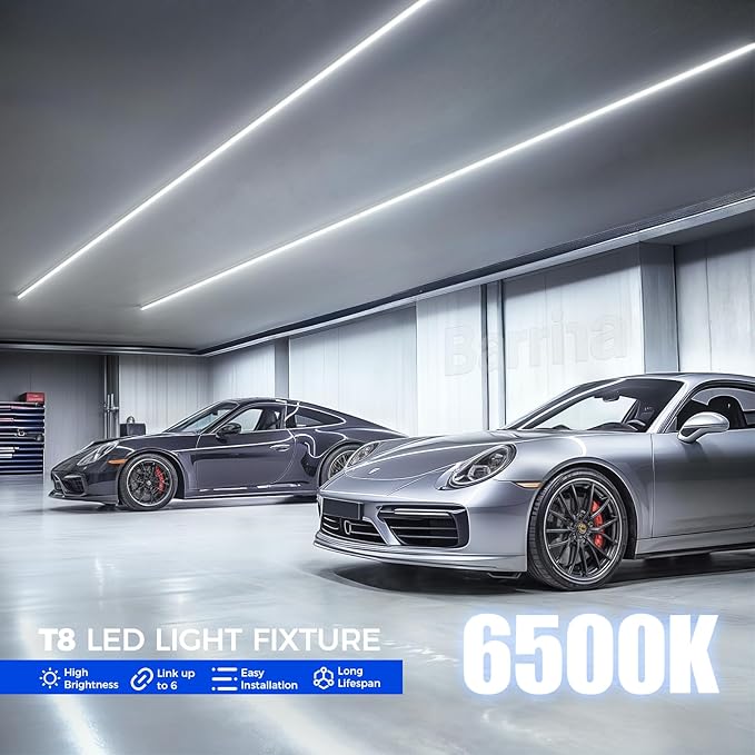 Barrina LED Shop Light 4FT, 40W 5500LM 6500K, No RF Interference Garage Lights with Reflectors, V Shape Linkable LED Shop Lights, Clear Cover LED Ceiling Light, T8 Integrated Light Fixture