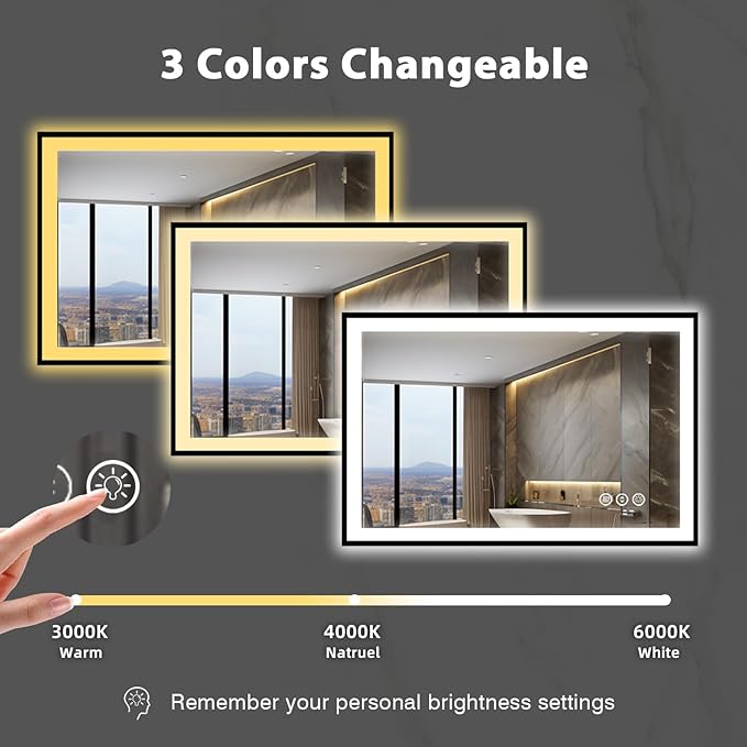 48x32 LED Mirror for Bathroom, Black Metal Framed, Vanity Mirror with Lights, 3 Color Modes, Dimmable CRI90+, Double Lights, Anti-Fog, Shatter-Proof, Waterproof, Memory (Horizontal/Vertical)
