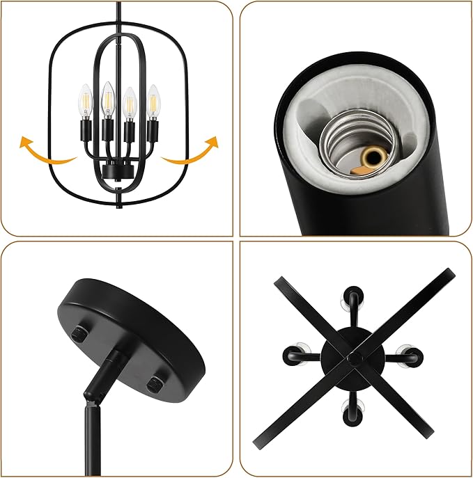 Black Chandeliers for Dining Room, 4-Light Farmhouse Entryway Chandelier, Simple Laundry Room Chandelier, Metal Hanging Light Fixture for Kitchen Island Foyer Stairway Hallway Breakfast
