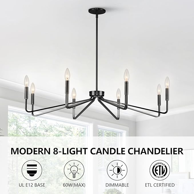 38" Black Chandeliers for Dining Room, 8-Light Modern Farmhouse Candle Style Chandelier, Industrial Hanging Ceiling Light Fixture for Living Room, Kitchen Island, Living Room