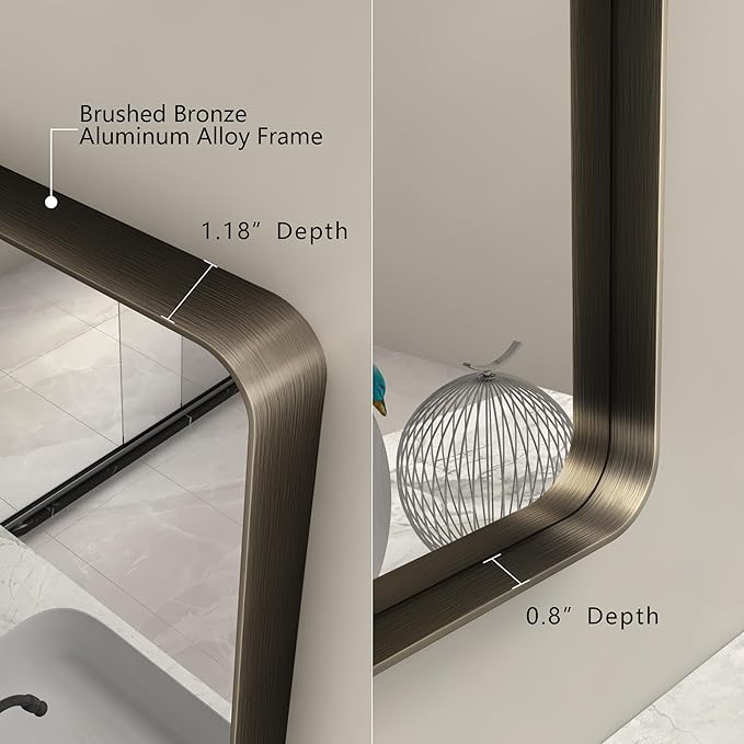 48x30 Bronze Bathroom Mirror for Wall, Brushed Bronze Metal Framed Bathroom Vanity Mirror, Rounded Rectangle Mirror, Anti-Rust, Shatterproof (Horizontal/Vertical)
