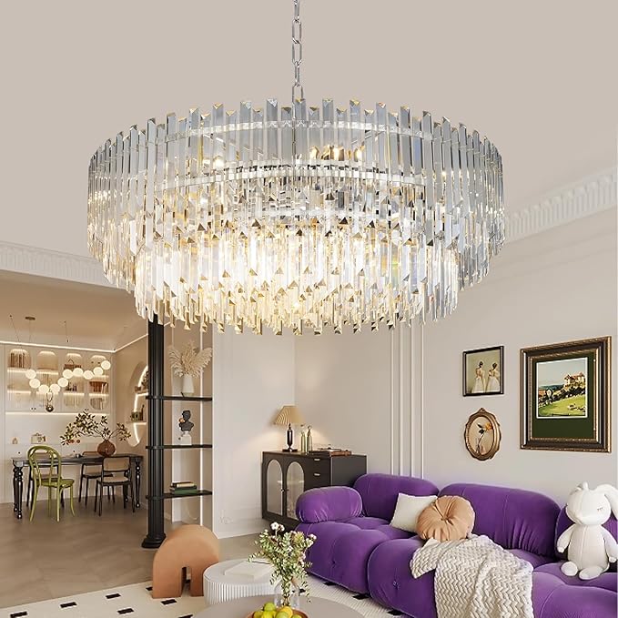39" Modern Crystal Chandelier, 3-Tier Chrome Pendant Light with 17 Lights, Luxury K9 Crystal Ceiling Fixture for Dining Room Living Room Foyer