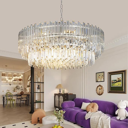 39" Modern Crystal Chandelier, 3-Tier Chrome Pendant Light with 17 Lights, Luxury K9 Crystal Ceiling Fixture for Dining Room Living Room Foyer