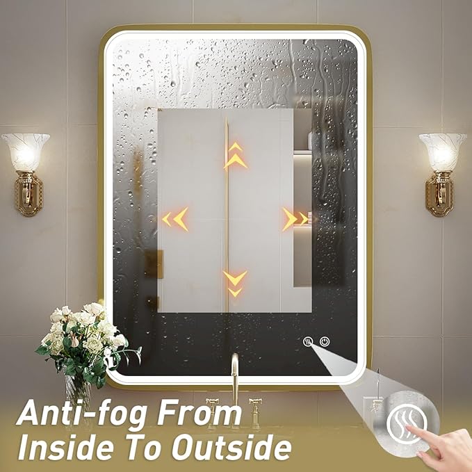 24X32 Inch LED Bathroom Mirror with Lights,Gold Framed Wall Mounted Lighted Vanity Mirrors,Anti Fog Design&Dimmable&Touch Switch,Light up Mirror (Horizontal/Vertical)