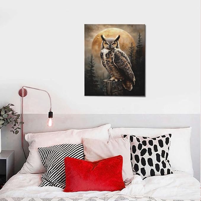 Cabin Owl Wall Art Moon and Forest Canvas Wall Decor Rustic Animal Pictures Paintings Prints Mystical Wildlife Artwork Framed Decorations For Bathroom Bedroom Living Room Office Gifts 20" x 24"