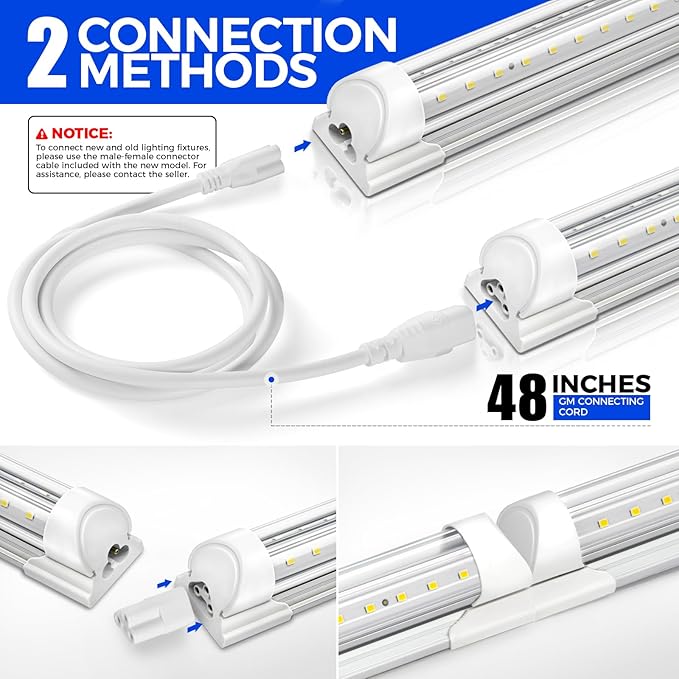 Barrina LED Shop Lights, 5FT, 50W, 6500LM, 5000K, Clear Cover T8 V-Shape Light Fixture, Linkable Shop Lights for Garage, Workshop, Warehouse, Basement, ETL Listed, 6 Packs