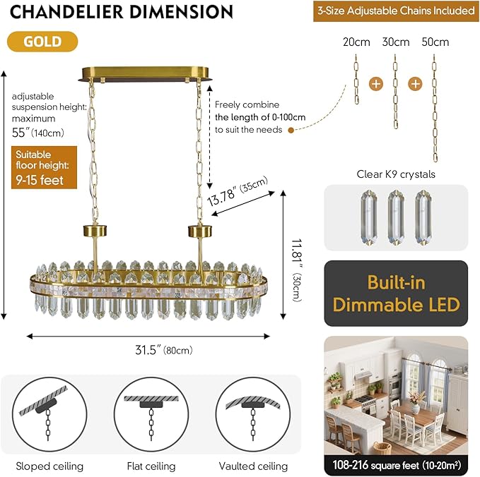Modern Rectangle Led Crystal Chandelier for Dining Room - L31.5'' Gold 3 Color Stepless Dimmable Oval Chandelier,Luxury Long Linear Chandeliers for Living Room Kitchen Island with Remote Control