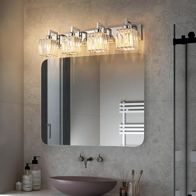 Modern Bathroom Vanity Light 4-Lights Chrome Crystal Wall Lamp Bathroom Modern Crystal Vanity Lighting