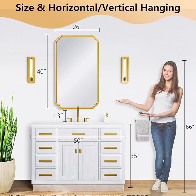 26"x40" Rustproof Bathroom Mirror Gold, Round Corner Metal Frame Wall Mirror, Horizontal/Vertical Hanging Over Sink, Bedroom Bathroom Decor