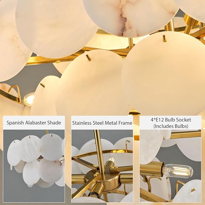 Alabaster Round Chandelier, 18.1" Natural Spanish Marble Stone Texture Chandeliers, 4-Light Dimmable Alabaster Chandelier, Modern Luxury Lighting for Living Room, Bedroom, Hallway