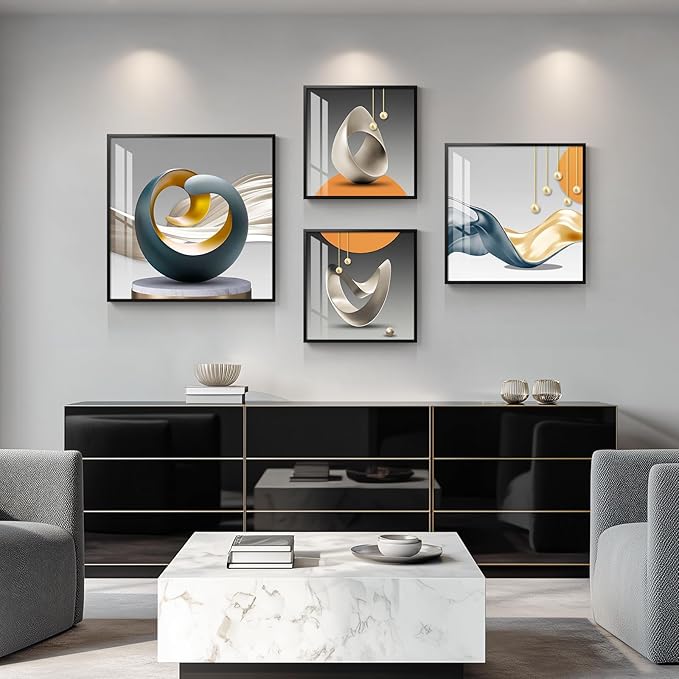 4 Piece Framed Modern Wall Art Set, Abstract Luxury Geometric Prints Artworks, Contemporary Minimalist Orange Gray and Gold Pictures Painting for Living Room, Bedroom, Hallway and Office