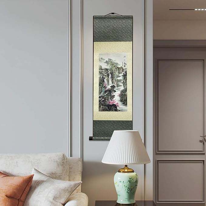 AtfArt Wall Art Asian Decor Beautiful Silk Scroll Painting - Jiangshan Duojiao, Chinese Art, Wall Hanging (36.2 x 12 in)