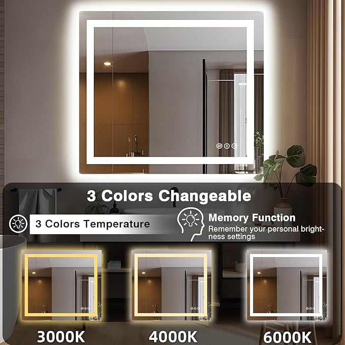 40"x38" Lighted Mirrors for Bathroom Wall, Front and Backlit, Anti-Fog LED Vanity Mirror, Shatter-Proof, 3 Colors Memory Mirror (Horizontal/Vertical)