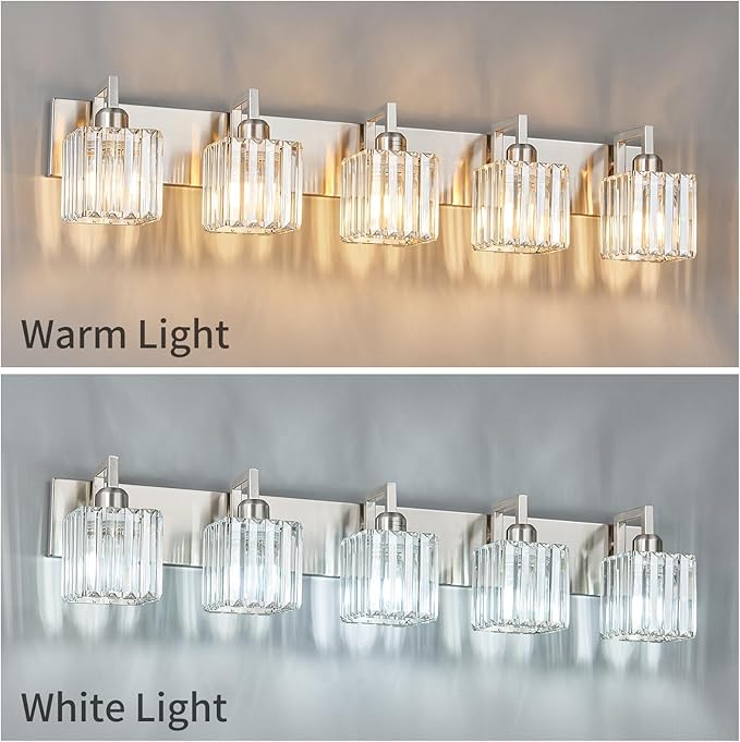 Modern Bathroom Vanity Light 5-Lights Brushed Nickel Vanity Light Crystal Wall Light Bathroom Light Fixtures