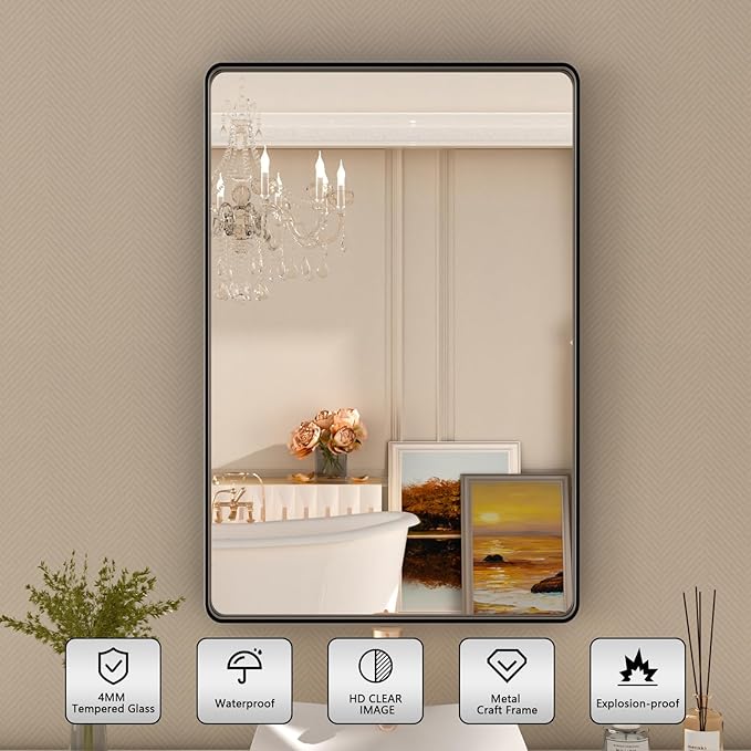 24x32 Inch Black Framed Bathroom Mirror,Matte Metal Frame Vanity Mirror,Round Corner,Farmhouse,Decorative Wall Mounted Rectangle Mirror