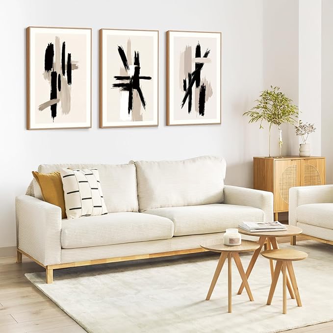 LHIUEM Grey Black Brown Framed Wall Art,Grey Abstract Pictures Set of 3(16”X24”) Minimalist Beige Cream Canvas Wall Art,Dance Lines Large Paintings,Blie Gray Wall Decor,Modern Room Decor for Bedroom