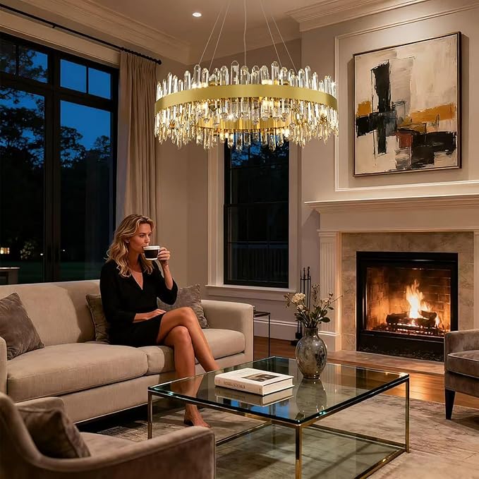 Modern Crystal Chandelier, 16-Lights Round Chandelier for Dining Room 2 Tiers, 32'' Gold Adjustable Raindrop Chandeliers for Bedroom, Dining Chandeliers Over Table for Living Room, Bathroom