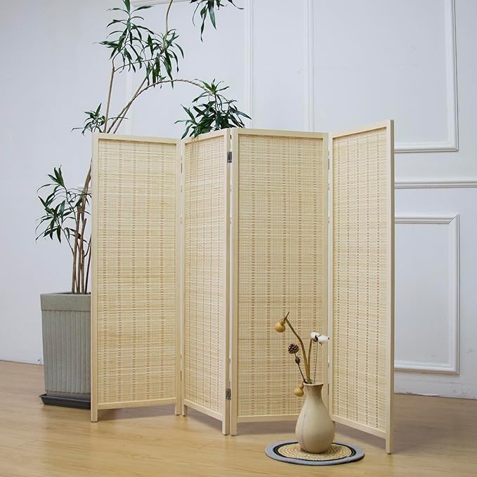 4 Panel Room Divider Short Folding Screen Divider,Double Sided Bamboo Divider Screen for Room Separation,Beige,47.2" H x 61.4" W