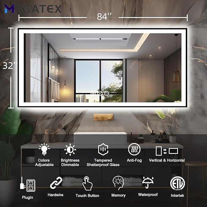 84x32 LED Bathroom Mirror, Black Aluminum Framed, Backlit + Front-Lit, 3 Colors Temperature Changeable, Dimmable Vanity Mirror, Tempered Glass, Defog, Waterproof, Memory (Horizontal/Vertical)