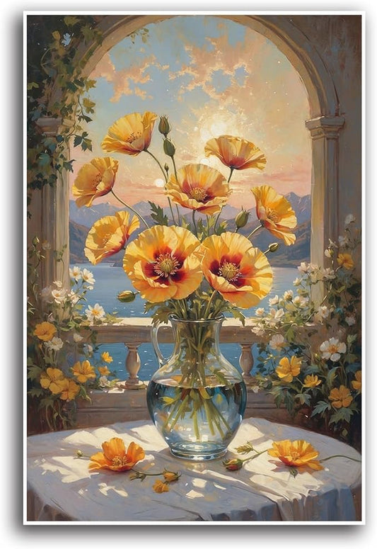 Yellow poppy flower canvas painting glass pitcher arched window tranquil lake mountains sunset sky pink orange clouds climbing vines stone columns home bedroom living room plant wall art decoration