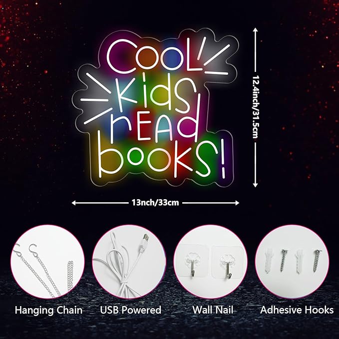 Cool Kids Read Books Neon Sign Reading Led Neon Light for Reading Room Library Reading Corner Light Up Sign for Wall Decor with Dimmable Switches Library Classroom Book Club