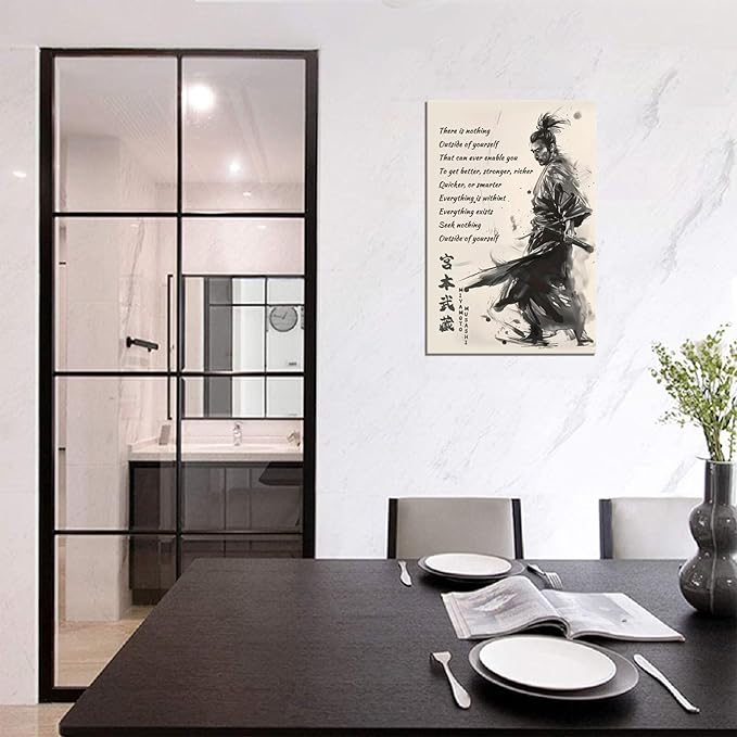 Japanese Samurai Wall Art Miyamoto Musashi Canvas Prints Vintage Japanese Artwork Motivational Poster Inspirational Quotes Painting for Men Bedroom Living Room Office (28''W x 44''H)