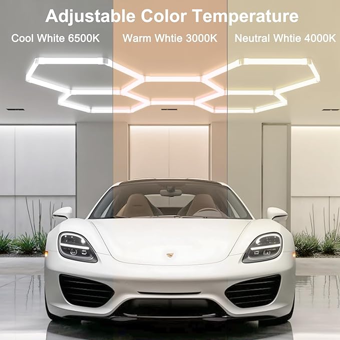 3 Colors Hexagon LED Shop Lights, 192W 23040LM Garage Ceiling Lights, Hardwire or Plug-in, IP62, Flicker-Free, Expandable DIY Design for Workshop Garage Gym, 25 Pack