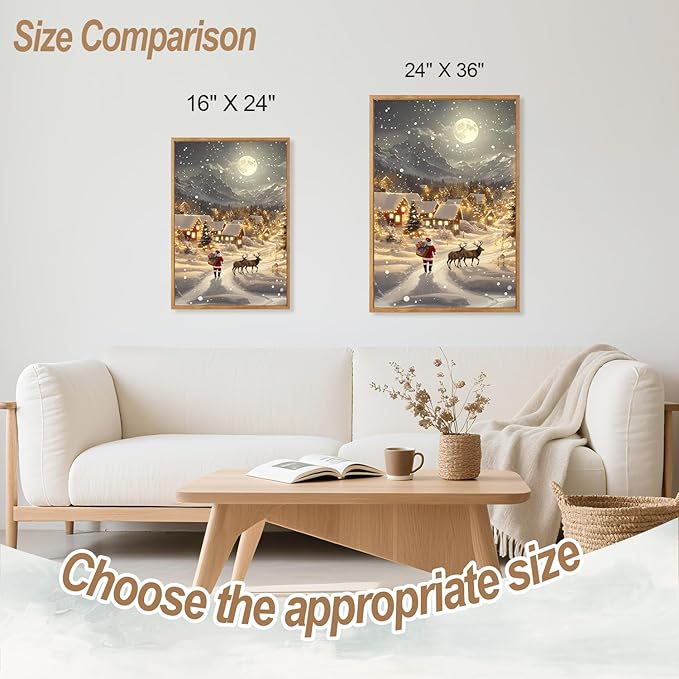CHDITB Christmas Village Wall Art Set Of 3, Santa Claus and Reindeer Wall Decor, Moonlit Winter Artwork, Xmas Snowy Landscape Painting, Vintage Christmas Decor for Living Room Bedroom Fireplace 16"x24"