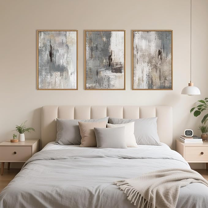 Large Abstract Grey and Beige Framed Canvas Wall Art,Neutral Brush Stroke Wall Decor,Natural Modern Color Block Artwork,Minimalist Nordic Art Print for Living Room,Bedroom,Office- 16"x24"x3