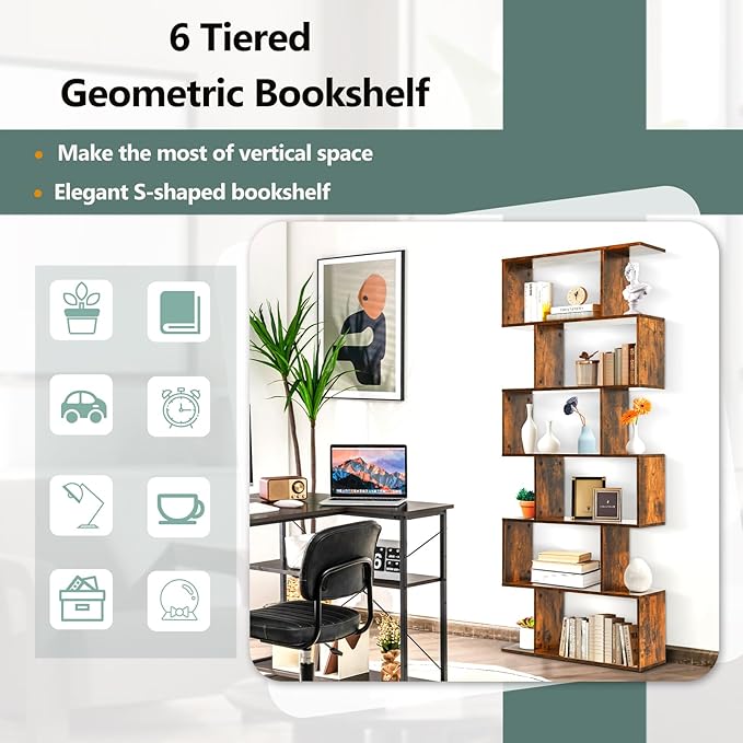 6 Tier Geometric Bookcase, S Shaped Bookshelf, Book Shelf Room Divider, Wood Freestanding Display Shelves, 75 Inch Staggered Bookshelf for Bedroom Living Room (1, Rustic Brown)