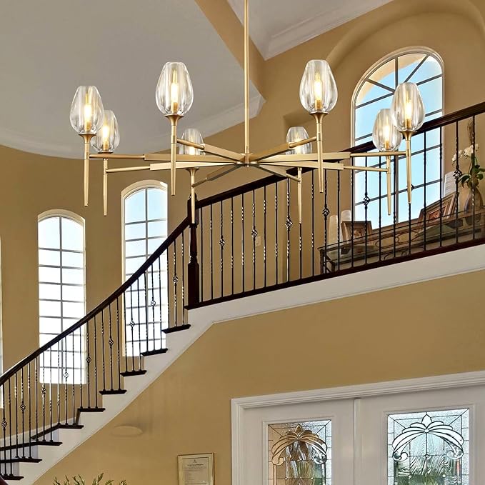 Modern Crystal Chandeliers 8 Lights Brass, 54in Gold Tulip Round K9 Crystal Chandelier,Pendant Ceiling Light for Dining Living Room Bedroom Entryway, E12 Bulbs Included