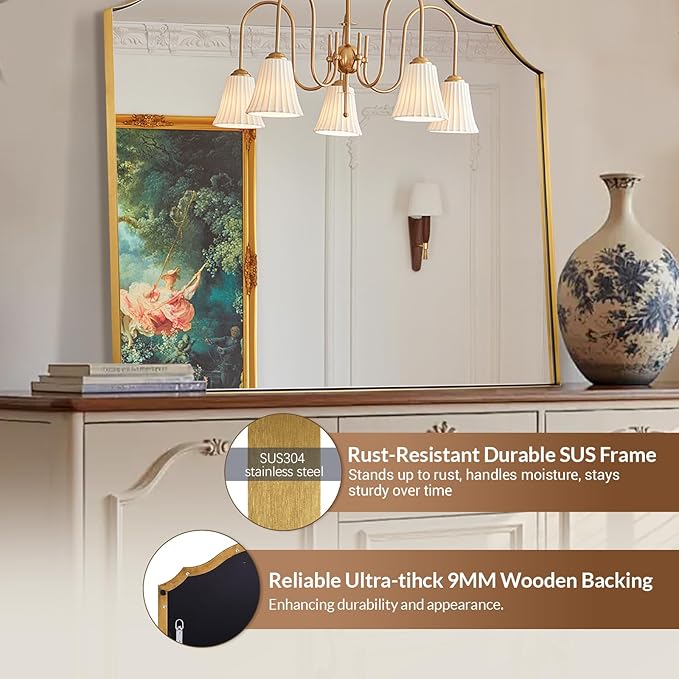 ANDY STAR Scalloped Arched Mantel Mirror, 32x28 Inch Brushed Gold Vanity Mirror in Stainless Steel Metal Frame, Vintage Wall Mirrors for Fireplace, Bedroom, Living Room, Entryway Hangs Vertically