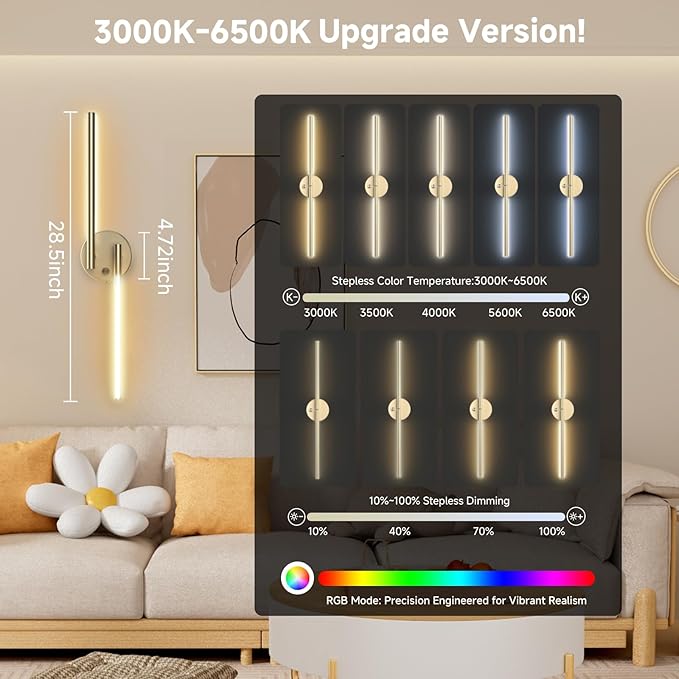 Battery Operated Wall Sconce Set of Two:Wireless Magnetic Wall Lights with Remote, 360°DIY Rotatable 5CCT Dimmable with Timer,,RGB Cordless Wall Gold Sconces Decor for Vanity Bedroom Hallway10000mAh