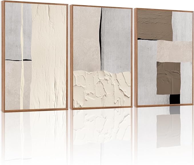 LHIUEM Abstract Neutral Framed Canvas Wall Art Set of 3(12”X16”) Mid Century Beige Textured Wall Decor Brown Wall Art Wood Framed Photography Gray Pictures Above Couch for Living Room Bedroom Office