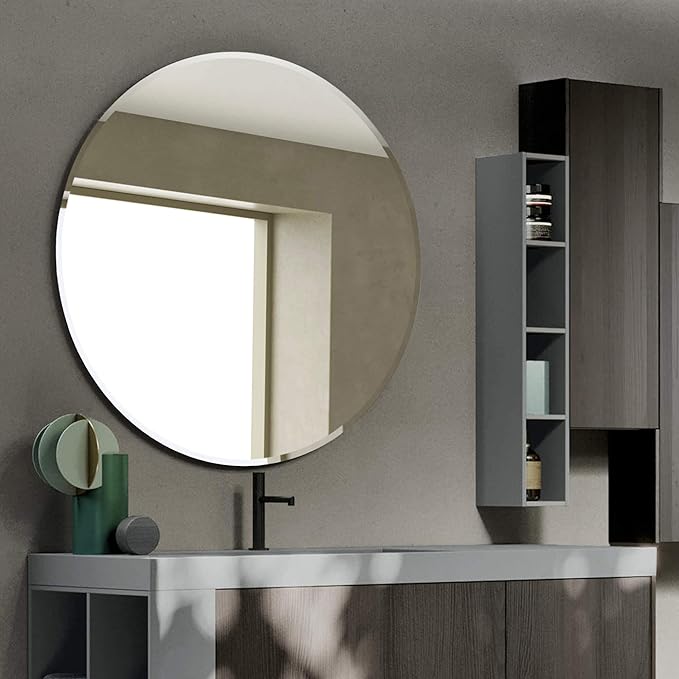 Large Round Mirror Frameless 1" Inch Beveled Wall Mounted Mirror with Safety Backing | Silver Backed Round Glass Mirror for Vanity, Entryways, Bathroom, Living Rooms with Hooks
