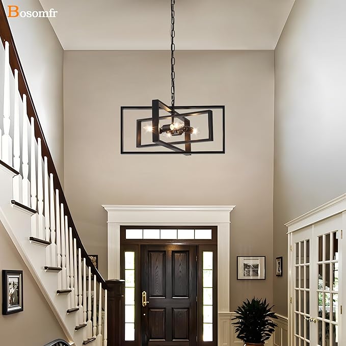 19.7'' Modern Chandelier 4-Light, Black Farmhouse Light Fixture Cross Chandeliers for Dining Room Living Kitchen Island Bedroom Living,Rectangular Metal Industrial Hanging Ceiling Lighting