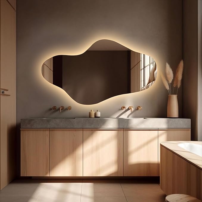 Asymmetrical Led Lighted Mirror for Bathroom, Irregular Vanity Mirror with Lights, Washbasin Backlit Led Illuminated Wall Mirror (Warm Ligth, 31.9"x55" inc | 81x140 cm)