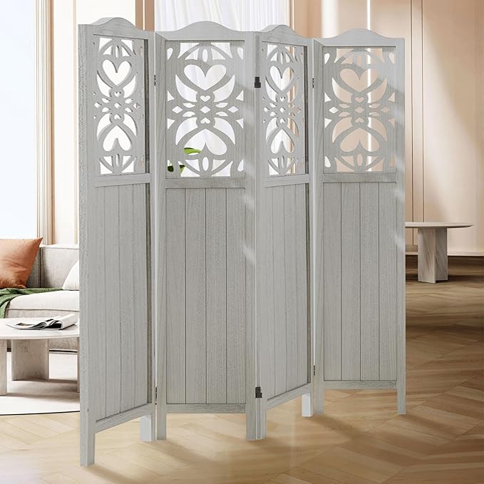 4 Panel Room Divider Fully Assembled, Carved Room Dividers and Folding Screens, 5.6Ft Wood Room Divider Screen Freestanding Partition Wall Dividers for Home Bedroom Office, Rustic White