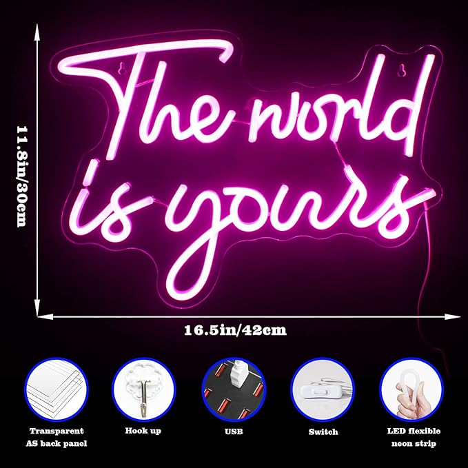 Lucunstar The World Is Yours Neon Signs Wedding Led Sign Pink Neon Light Up Party Bar Engagement USB Powered Led Sign for Wedding Decor Bedroom Signs for Wall Decor Light