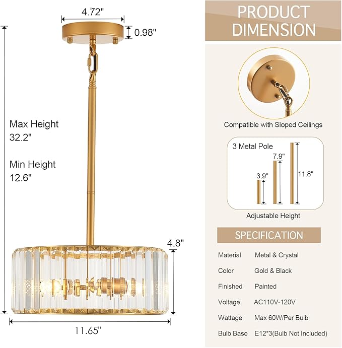 Modern Crystal Gold Chandelier for Dining Room,11.7 inch Semi Flush Mount Ceiling Dining Room Light Fixture with E12 Base*3,Round Pendant Lighting for Bedroom Hallway Bathroom Foyer Kitchen