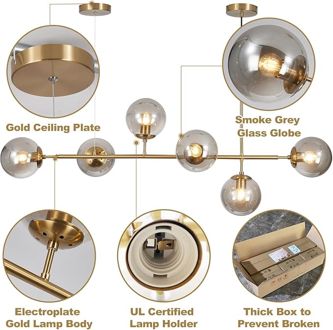 KCO Lighting 6-Light Modern Globe Sputnik Chandelier Brass Gold Linear Pendant Chandelier Lighting Smoke Glass Dining Room Chandelier Mid Century Sputnik Island Lights for Kitchen Living Room