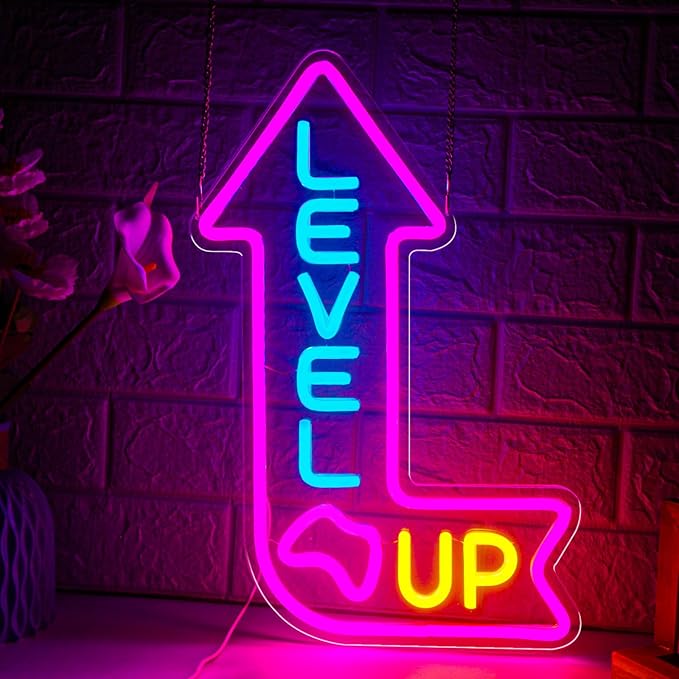 Level Up Neon Sign for Gamer Room Dimmable Game Neon Sign LED Gaming Light up Sign for Man Cave Game Room Zone Home Bedroom Party Decoration for Gamer, Boys, Teens