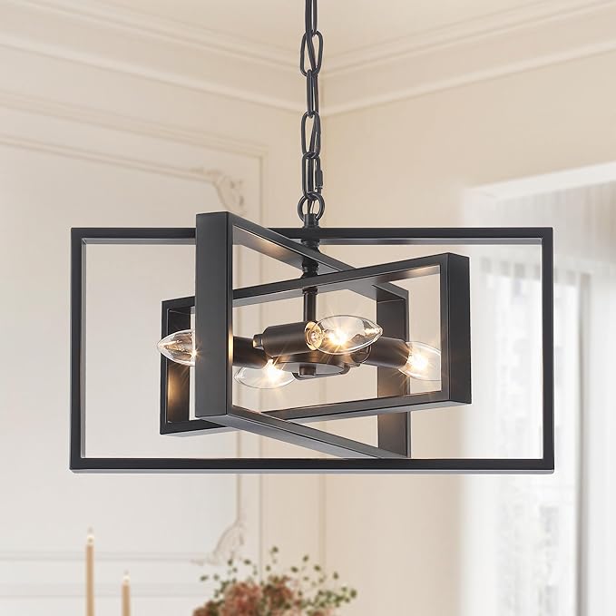16.5'' Farmhouse Chandelier 4-Light, Black Modern Light Fixture Cross Chandeliers for Dining Room Kitchen Island Bedroom, Rectangular Metal Pendant Light Fixture for Living Room