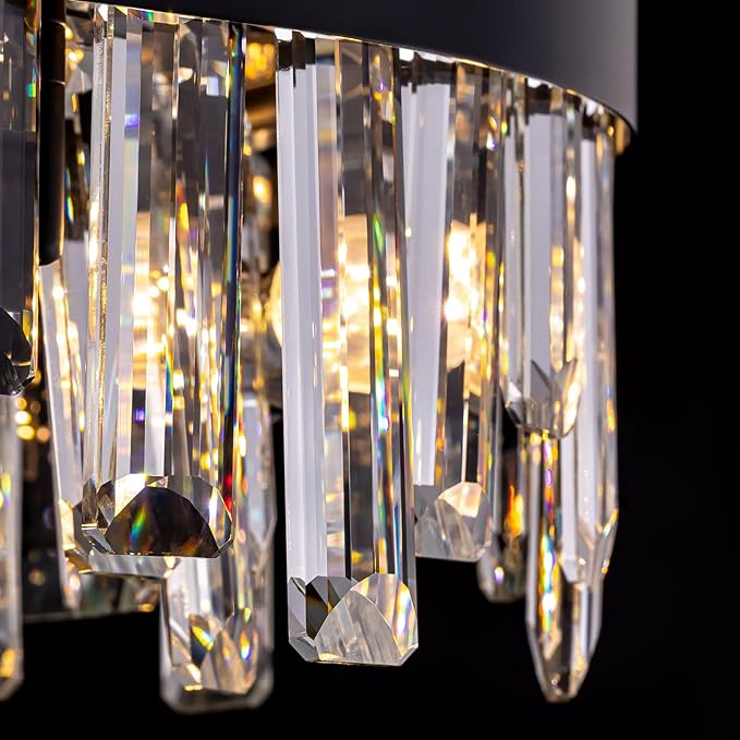 16-Light Modern Crystal Chandelier for Dining Room Black Rectangle 2-Tiers K9 Crystal Raindrop Chandelier Flush Mount Oval Adjustable Pendant Ceiling Light Kitchen Island Bar L35.4''