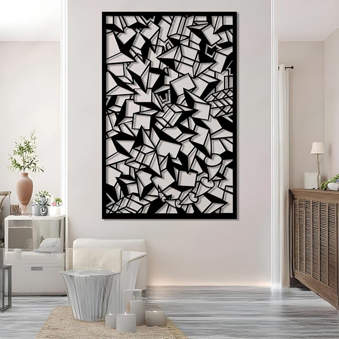 Abstract Geometric Metal Wall Art, Modern Geometric Metal Wall Art, Large Minimalist Geometric Wall Decor, Square Circular Triangle Wall Sculpture for Living Room, Office (Silver, 30"x19"/76x49cm)