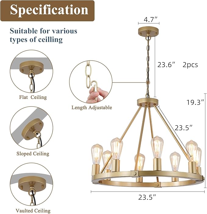 9MMML 23.6“ 8 Lights Golden Wagon Wheel Chandelier, Large Luxury Kitchen Island Pendant Light for Living Dining Room Foyer Entryway,Height Adjustable,E26.