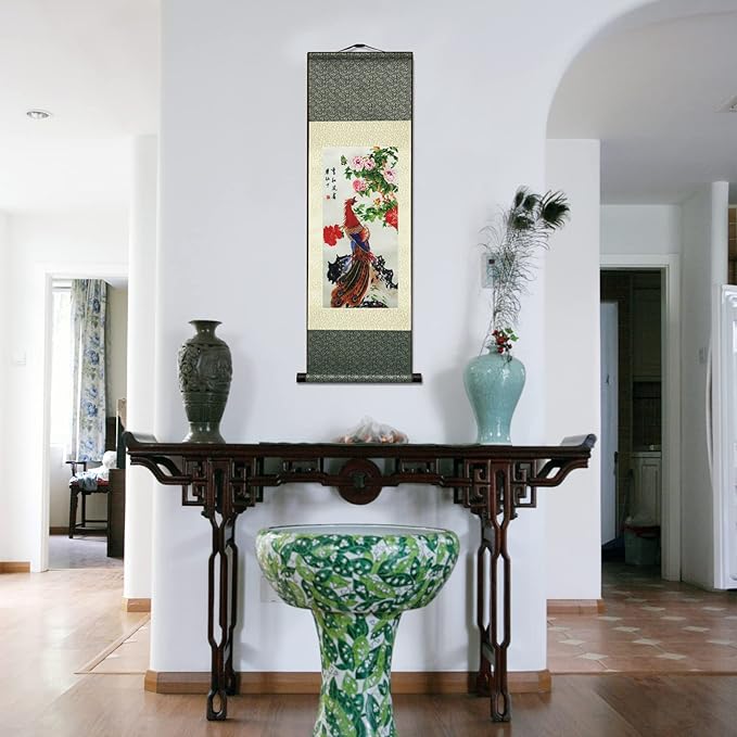 AtfArt Asian Wall Decor Beautiful Silk Scroll Painting Birds - Phoenix - Luan Xiang Feng Zhu Oriental Decor Chinese Art Wall Scroll Wall Hanging Painting Scroll (36.2 x 12 in)